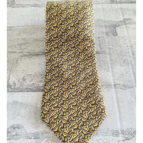 VTG Hermes Silk Tie Yellow Gray Brown Geometric Interlocking Rings Print 399EA - Picture 2 of 6